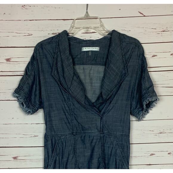 TRINA TURK Women's XS Extra Small Blue Denim Lyocell Linen Short Sleeve Dress - Picture 4 of 11